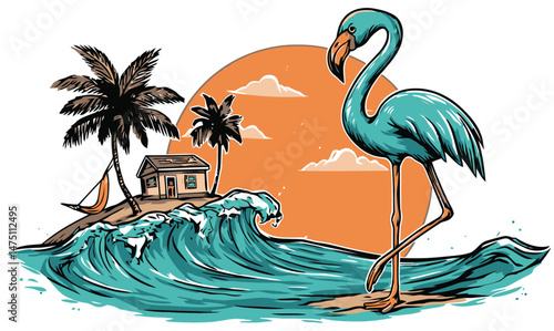 Vibrant Flamingo and Tropical Island with Palm Trees and Waves