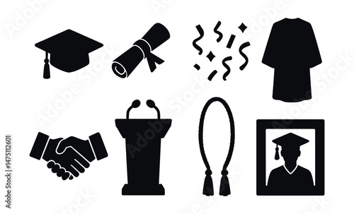 Graduation icons set – silhouette, ceremony and achievement symbols for education