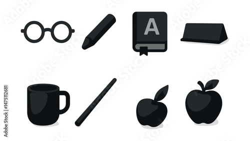 Teacher tools icons set – silhouette, education and classroom visual symbols