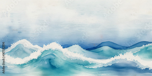 Beautiful soft blue sea water, ocean wave background. Soft blue and white hand printed creative marble texture ocean background.	