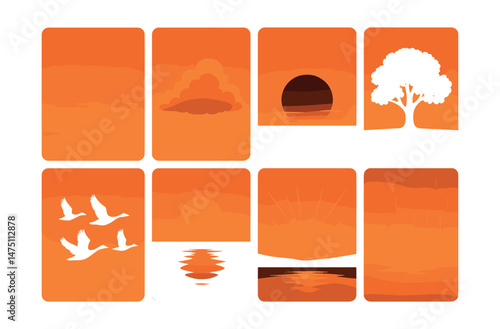 Sunset and nature silhouettes icons set – outline, evening and landscape symbols