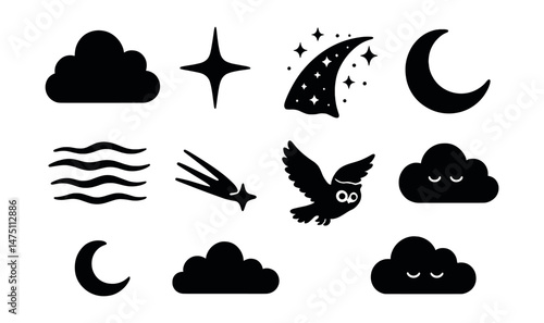 Nocturnal sky icons set – silhouette, night, celestial symbols for design projects