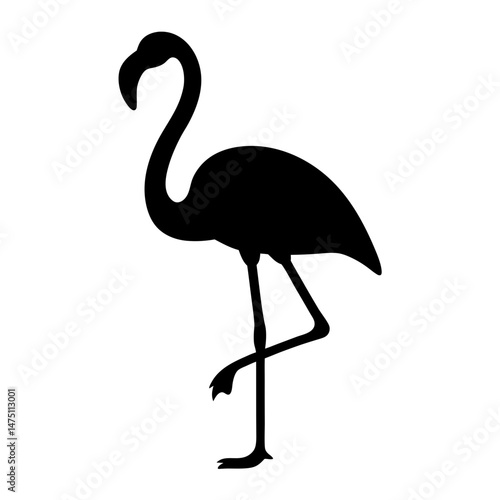 Elegant flamingo silhouette standing gracefully on one leg against a white background