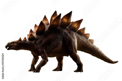 A stegosaurus moves confidently across an ancient landscape