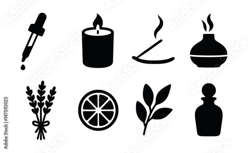 Aromatherapy silhouette icons set – wellness, essential oils, spa symbols