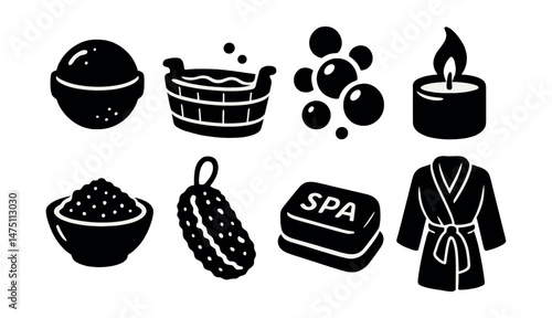 Bath ritual icons set – silhouette, spa and relaxation symbols