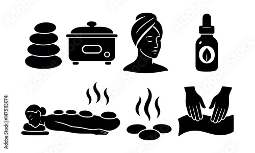 Hot stone therapy silhouette icons set – massage, wellness, and relaxation symbols