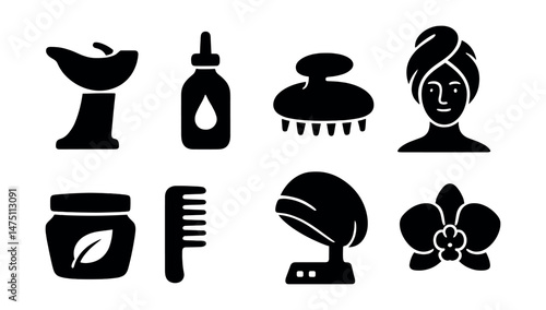 Hair spa essentials icons set – silhouette, beauty and care symbols