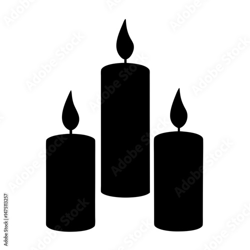 Three burning candles in a black silhouette against a white background