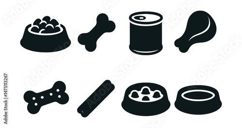 Dog food icons set – silhouette, pet nutrition and feeding symbols