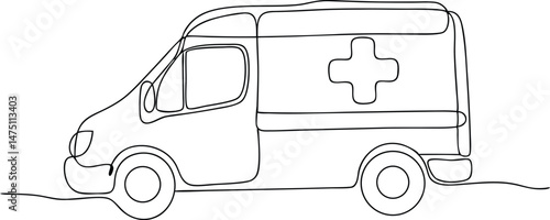 Continuous one line drawing of an ambulance vehicle with Red Cross symbol, minimalist black linear sketch of emergency medical van

