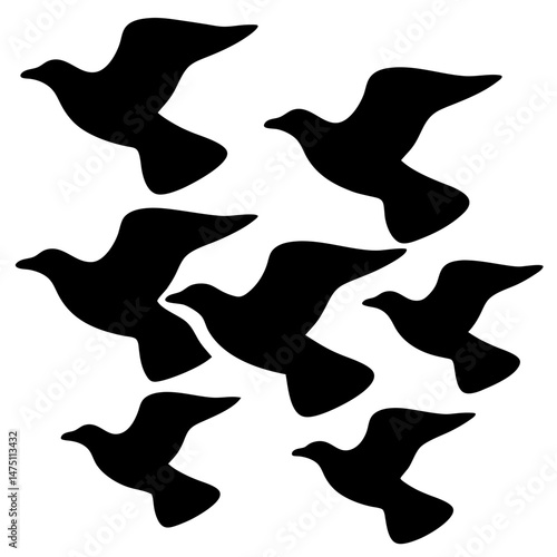Silhouette of Birds in Flight, Symbolizing Freedom, Peace, and Transformation on White
