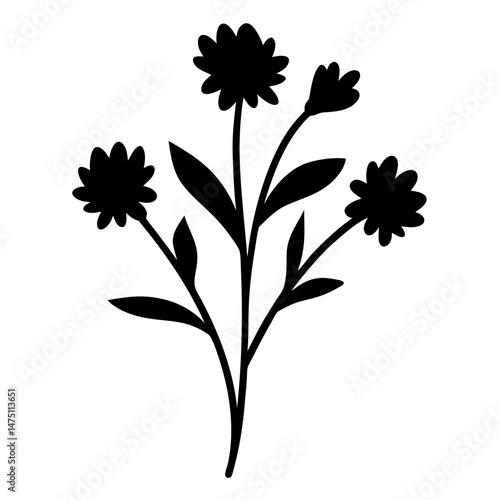 Elegant Silhouette of Floral Arrangement with Petals, Leaves and Stems on White