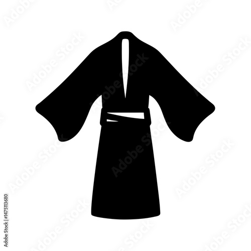 Silhouette of traditional black kimono with tied sash on white background