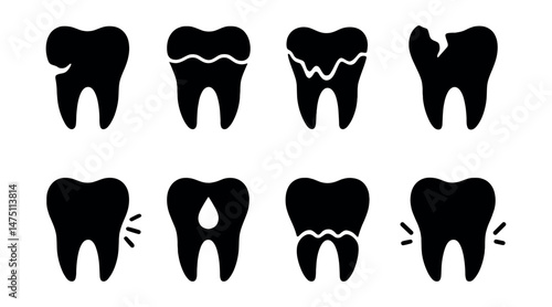 Tooth conditions icons set – silhouette, dental health and oral care symbols