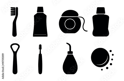 Dental hygiene silhouette icons set – teeth care, oral health symbols