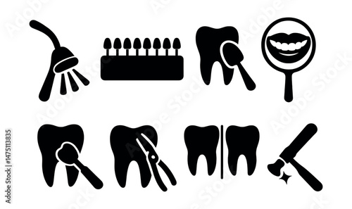 Cosmetic dentistry silhouette icons set – dental, oral care, tooth symbols