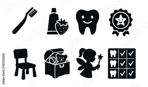 Pediatric dentistry icons set – silhouette, dental care and children health symbols