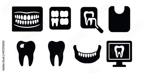 Dental x-ray icons set – silhouette, teeth and medical diagnostic symbols