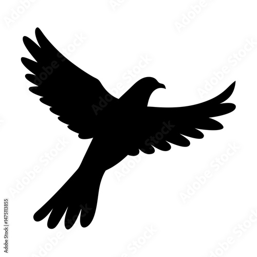 Black silhouette of a flying bird with spread wings against a white background
