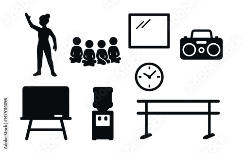 Dance classroom silhouette icons set – simple, education and fitness symbols