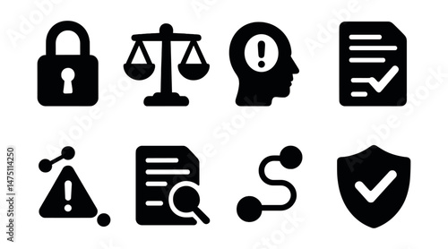 Data ethics silhouette icons set – privacy, security and compliance symbols