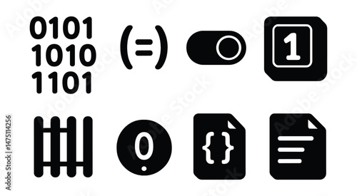 Data types silhouette icons set – simple, coding and database design symbols