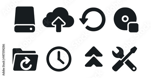 Data backup silhouette icons set – basic, recovery and storage symbols