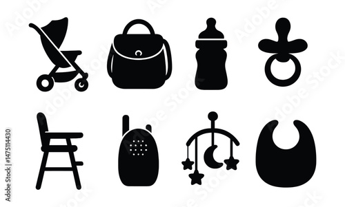 Parenting essentials icons set – silhouette, baby care and newborn symbols