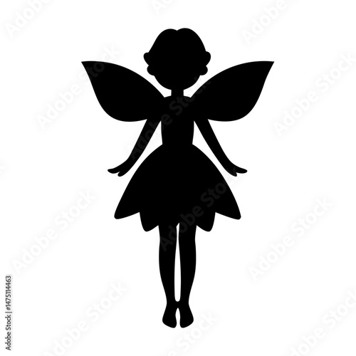 Black silhouette of a fairy with wings in a cute dress