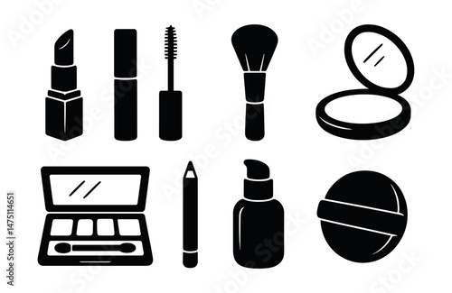 Makeup essentials icons set – silhouette, cosmetic and beauty tools symbols