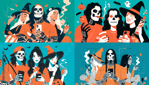 Halloween Social Media: A creative composite illustration depicting various characters, like witches and skull-faced figures, using their phones, against vibrant backgrounds.