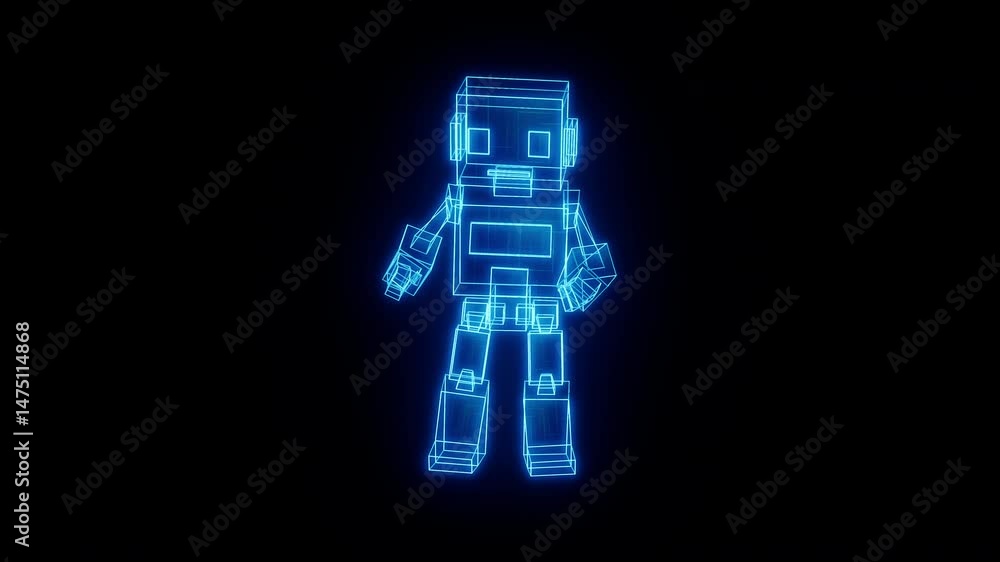Blue wireframe robot glances around nervously, evoking tension or suspicion. Great for sci-fi interfaces, storytelling scenes, virtual assistants, or metaverse AI characters. Blue wireframe robot glances around nervously, evoking tension or suspicion. Great for sci-fi interfaces, storytelling scenes, virtual assistants, or metaverse AI characters.
