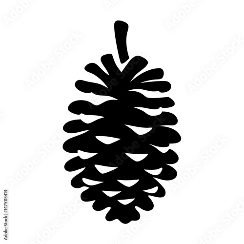 Simple graphic illustration of a detailed black pine cone on white
