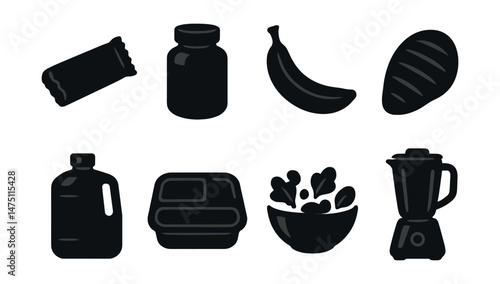 Fitness and nutrition silhouette icons set – sleek, health and wellness symbols