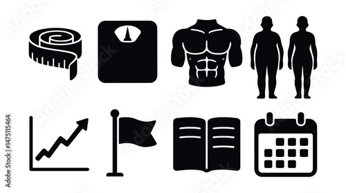 Fitness progress icons set - silhouette, health and exercise tracking symbols