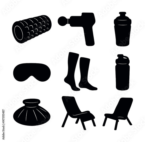 Fitness recovery icons set – silhouette, wellness and exercise relief symbols