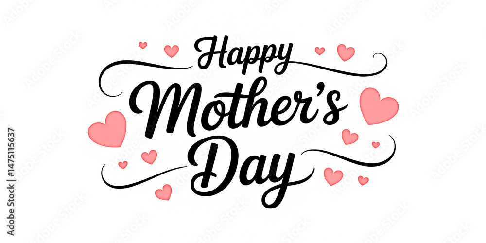 Fototapeta premium Elegant Happy Mother's Day Typography Handwritten Calligraphy with Pink Hearts on Transparent Background