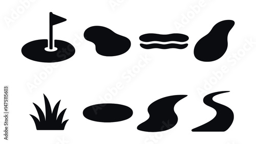 Golf course silhouette icons set – simple, black and white sports symbols collection