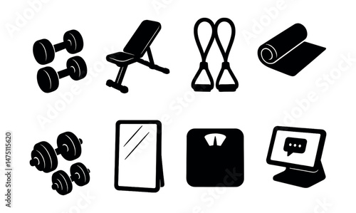 Minimalist home gym icons set – silhouette, fitness and exercise symbols for design