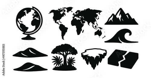 Geography icons set – silhouette, mapping and earth symbols for educational use