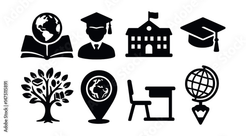 Global education silhouette icons set – simple, school and learning symbols