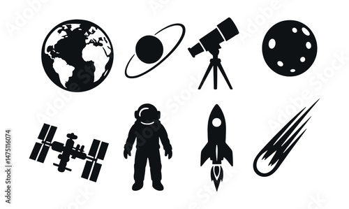 Space exploration silhouette icons set – planets, telescope and astronaut symbols