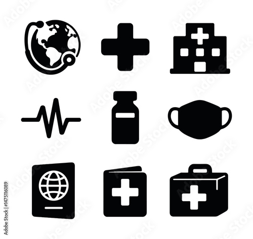 Global health icons set – silhouette style for medical, wellness, healthcare graphics