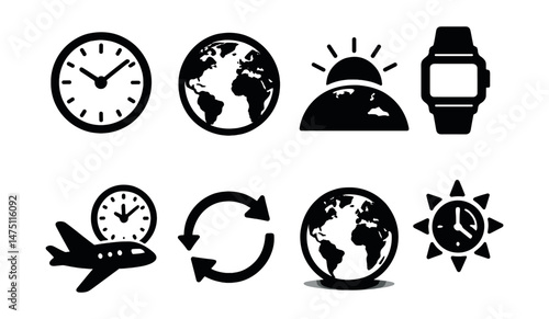 Time zone icons set – silhouette, timekeeping and global clock symbols