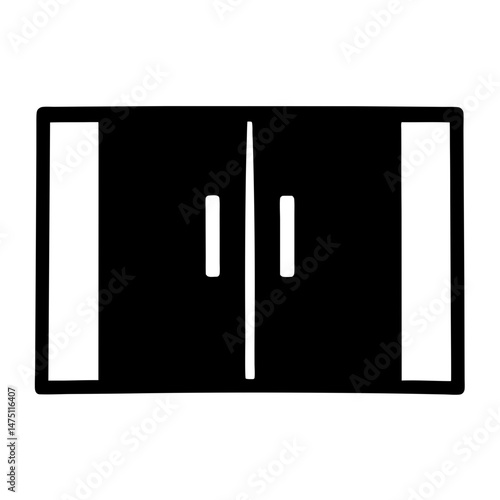 Stylized illustration of double doors with paneling, minimalist design, in black and white