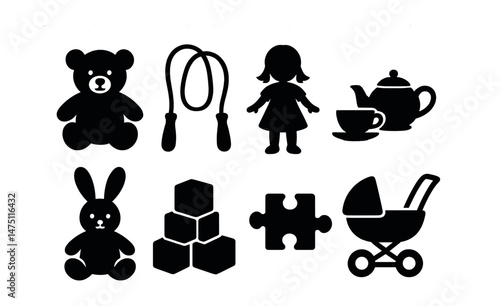 Girl's toy silhouette icons set – simple, playful and fun symbols for children's design