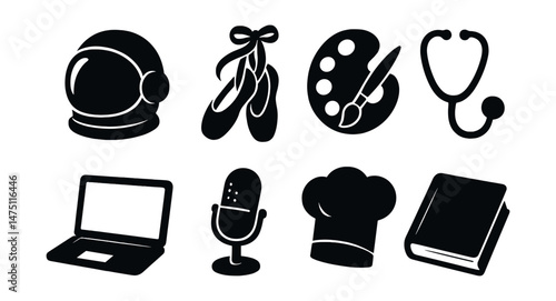 Girl's dream careers icons set - silhouette, simple career and profession symbols