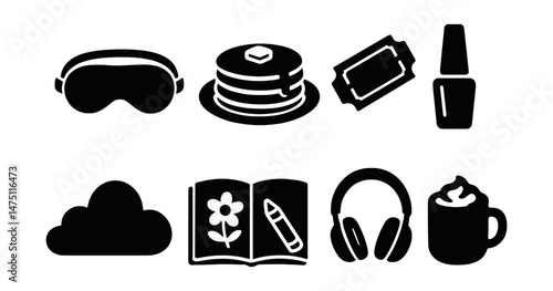 Girl's weekend essentials icons set – silhouette, leisure and relaxation symbols