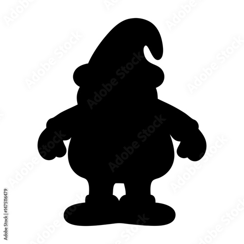 Silhouette of a stout gnome or dwarf wearing a pointed hat standing